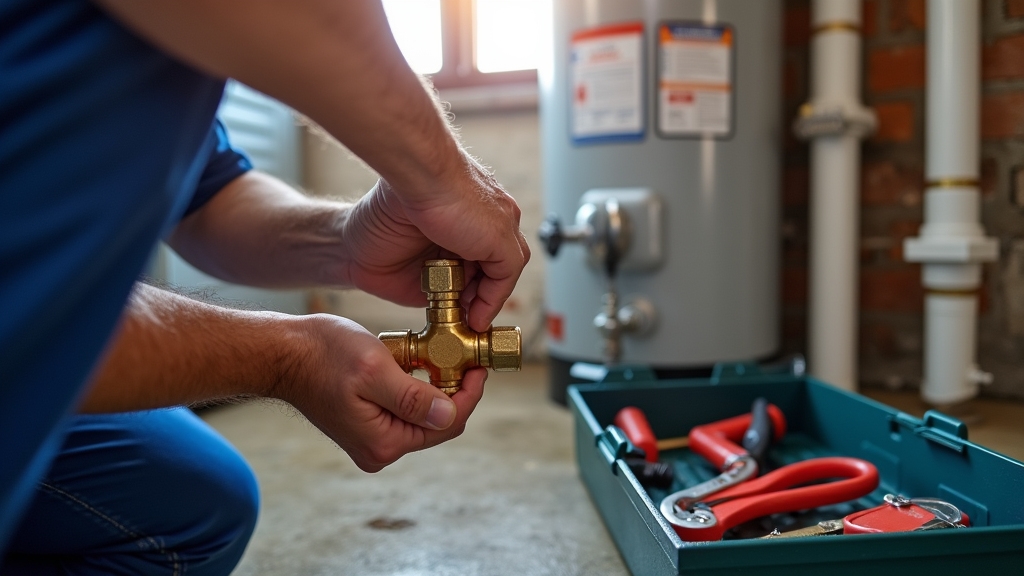 professional plumber's hands tightening a shiny brass pipe